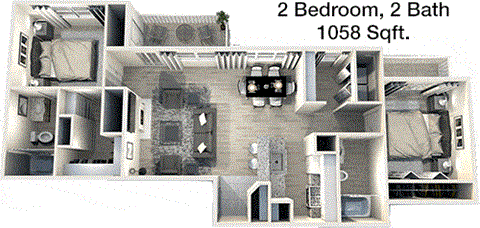 A floor plan of a 2 bedroom, 2 bath apartment that is 1058 square feet.